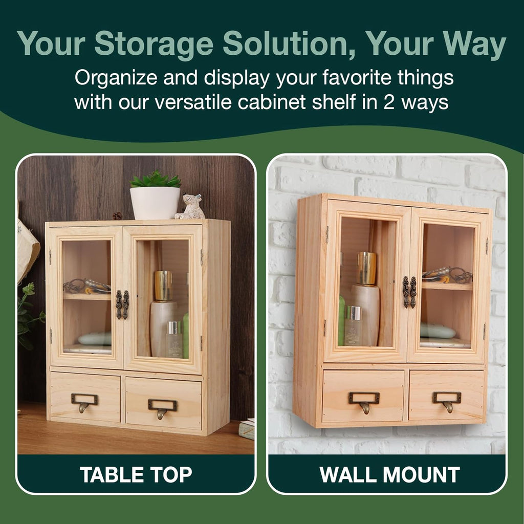 Mini Table Top Storage Cabinet with Clear Glass Doors, 2 Bottom Drawers, Light Wood Grain A784