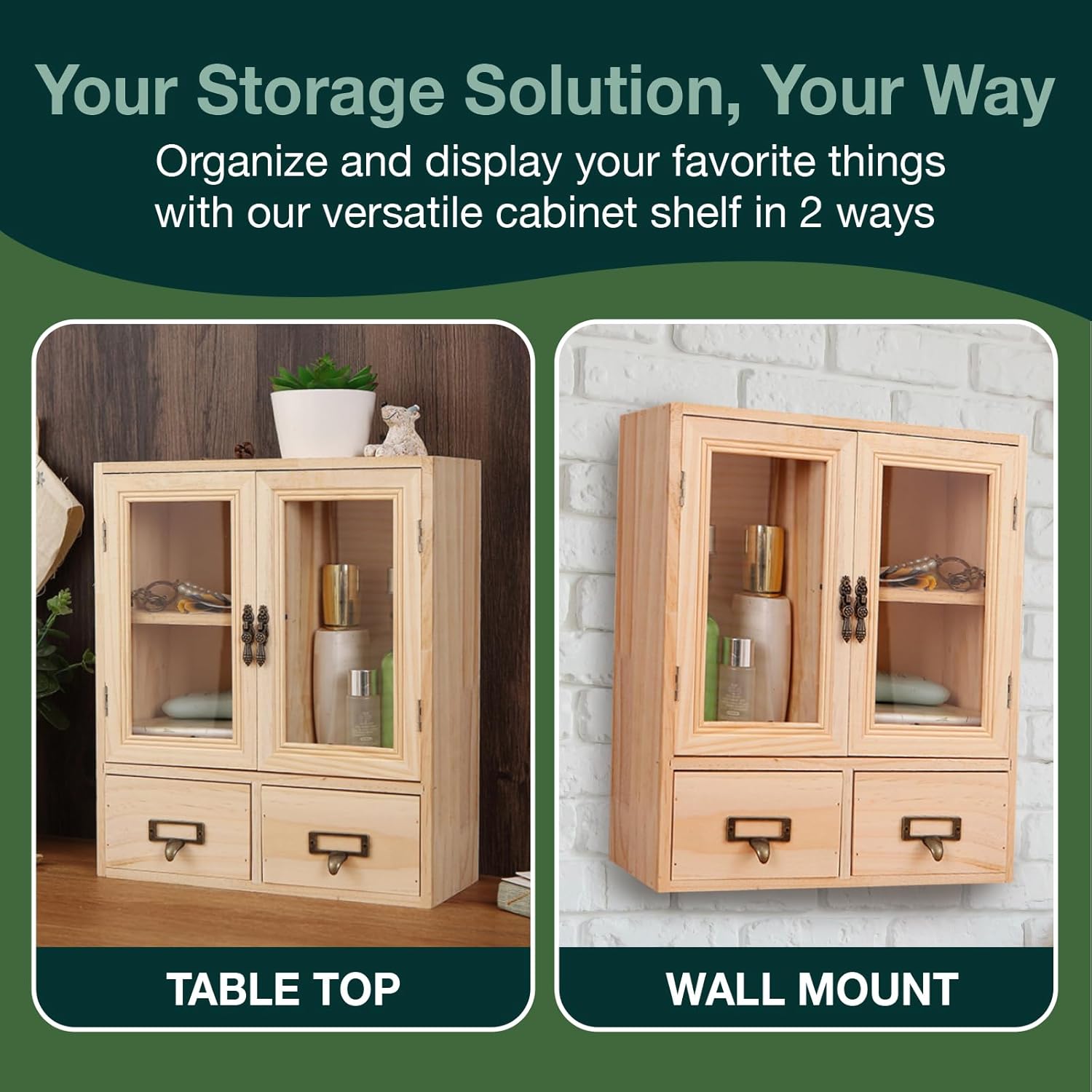 Mini Table Top Storage Cabinet with Clear Glass Doors, 2 Bottom Drawers, Light Wood Grain A784