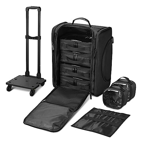 Black Rolling Makeup Train Case Soft Sided Cosmetic Storage Organizer Carry on Travel with Removable Side Pocket Bag X838608