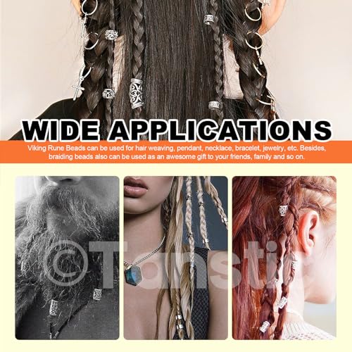 300Pcs Viking Rune Beads Hair Beard Beads Set including 5Pcs Black Pull Hairpin Quick Beader Hairpins and 200Pcs Black Rubber Bands with a Bag I181