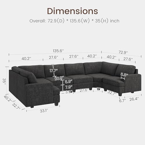 Oversized Modular Sectional Sofa, 135.6 inch, Dark Grey V955
