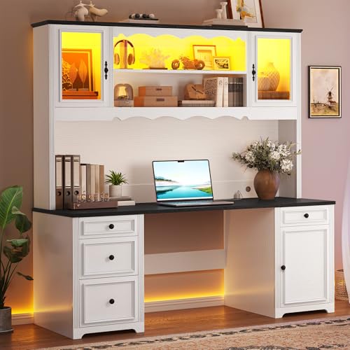 White & Black Executive Desk with Hutch and Drawers, Power Outlet & LED Lights, Storage Shelves, Storage Cabinet with Glass Door H3563