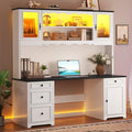 White & Black Executive Desk with Hutch and Drawers, Power Outlet & LED Lights, Storage Shelves, Storage Cabinet with Glass Door H3563