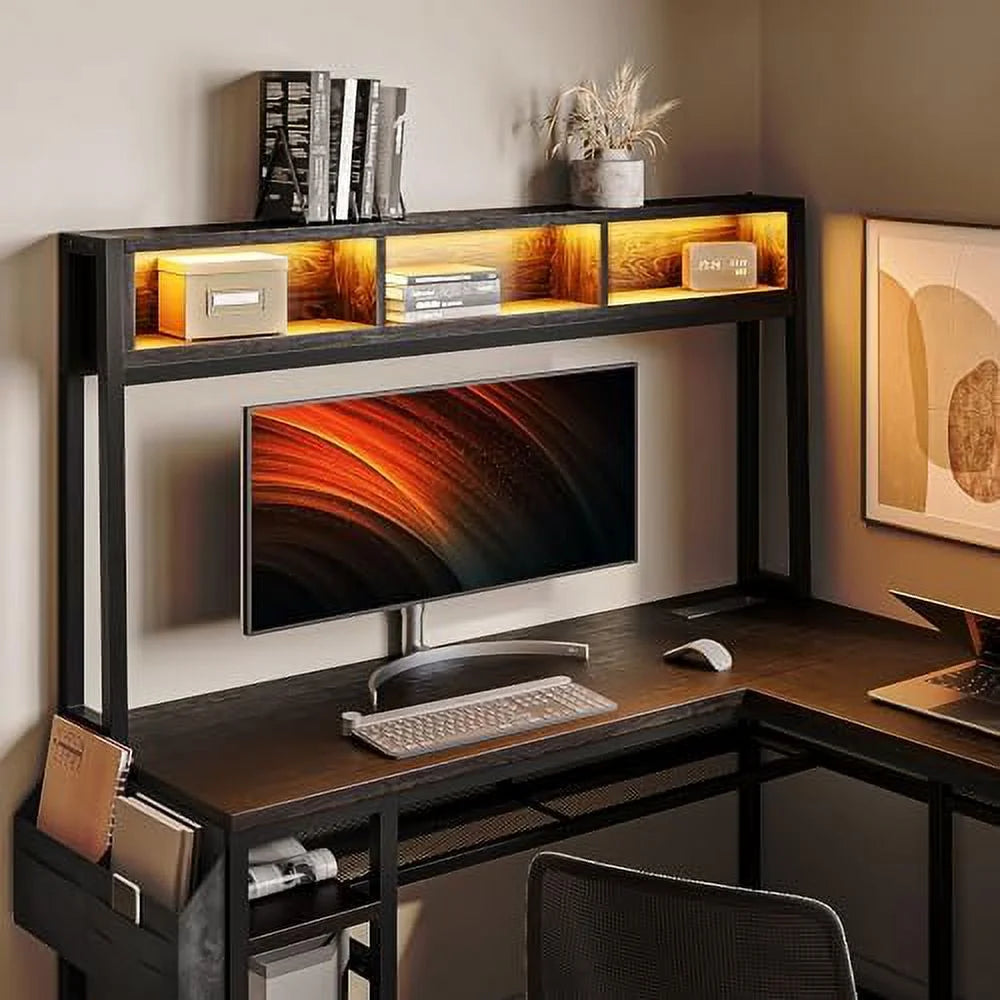 Computer Desk with Monitor Stand and File Cabinet, 104" Long L-Shaped Desk with RGB LED Lights and USB AC Outlet X727408