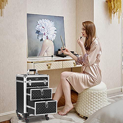 Red Rolling Makeup Train Case with 4 Removable Wheels & 2 Sliding Drawers M858434
