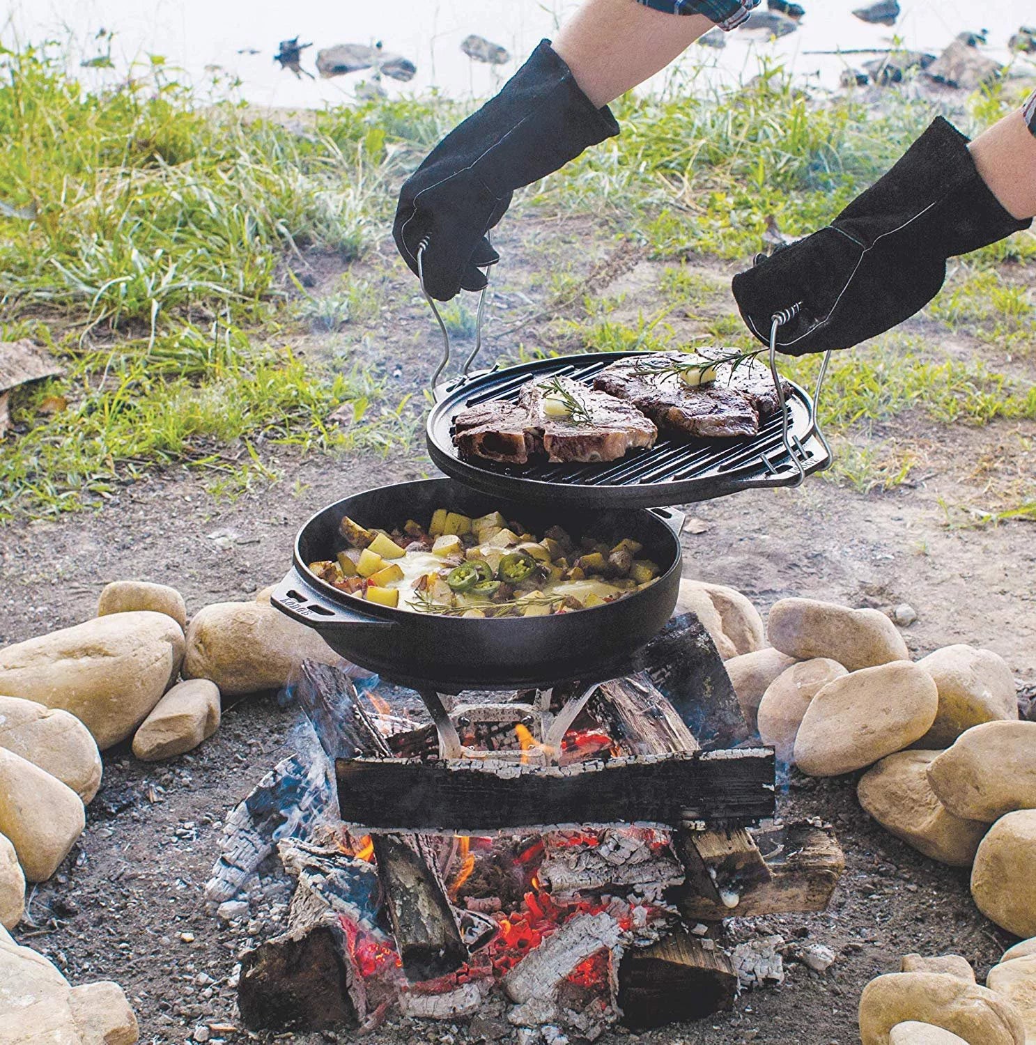 Five-Piece Cast Iron Set with Reversible Grill/Griddle 14 Inch and 6.8 Quart Bottom/Wok J6270