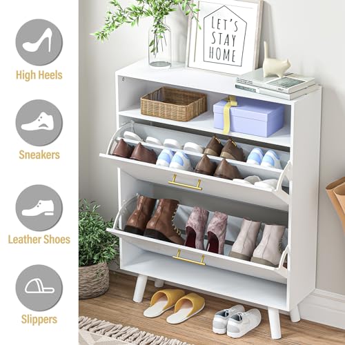 White Slim Shoe Cabinet with 2 Flip Drawers and Open Shelf X3769