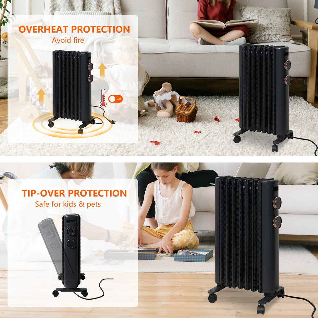 Oil Filled Radiator Heater with 3 Heating Modes, Adjustable Thermostat, Universal Wheels, Black&Gray R359839