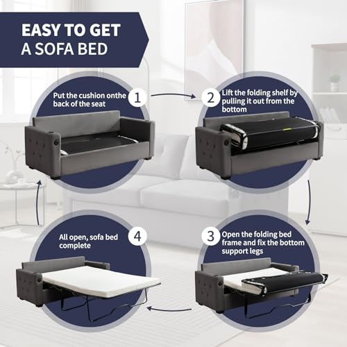 Beige Queen Pull Out Sofa Bed with Memory Foam Mattress K5370