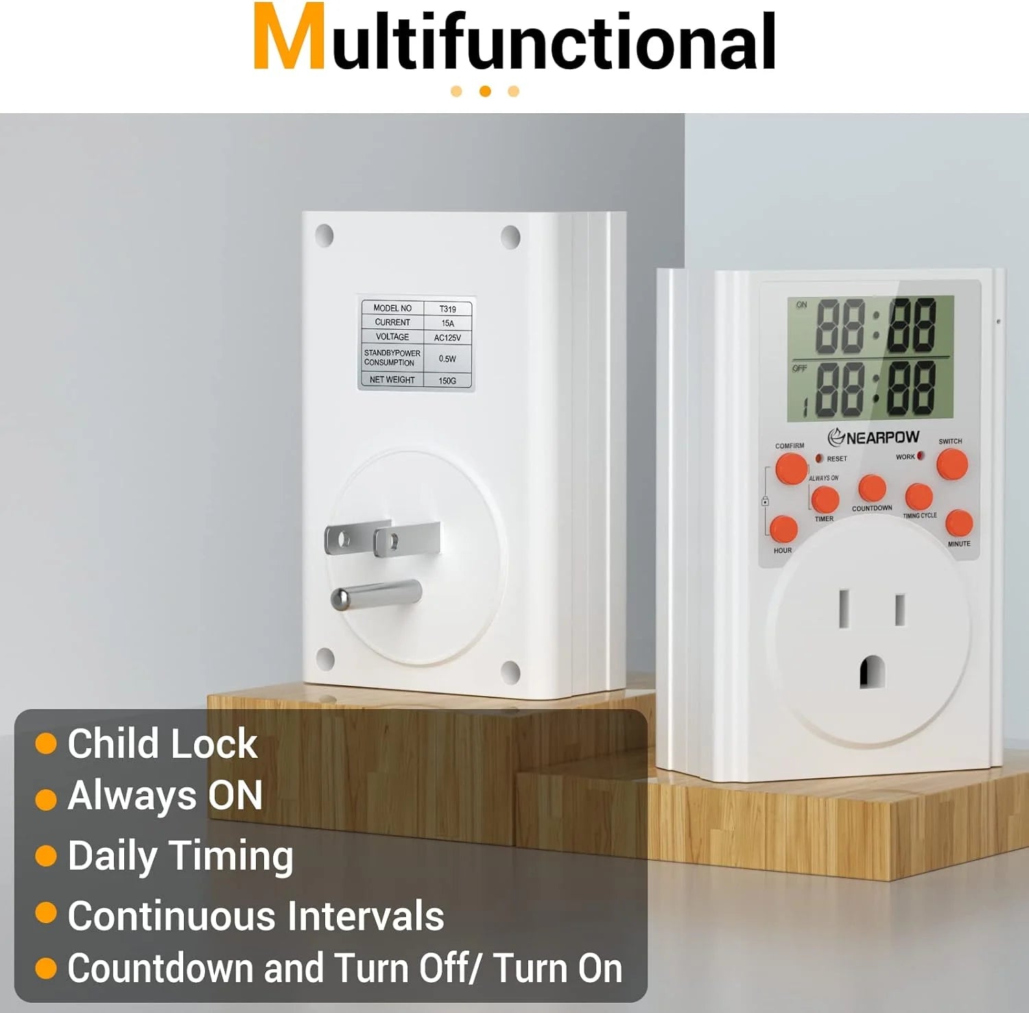 Programmable Digital Timer Switch with 3-Prong Outlet, 15A/1800W V7646