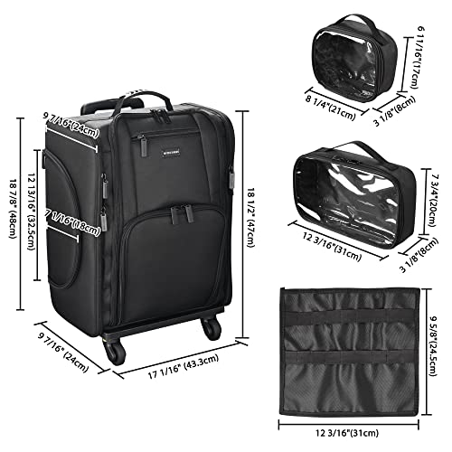 Black Rolling Makeup Train Case Soft Sided Cosmetic Storage Organizer Carry on Travel with Removable Side Pocket Bag X838608