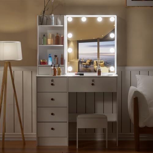 White Vanity Desk with Mirror, Lights, and Drawers with Cushioned Stool P943843