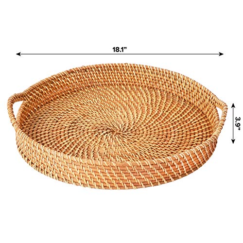 Round Wicker Rattan Tray 18 inches Hand Woven Natural Serving Tray with Handles O282843