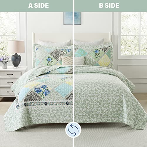 Blue Grey 100% Cotton Queen Size 3-Pieces Quilt Bedding Set T837358