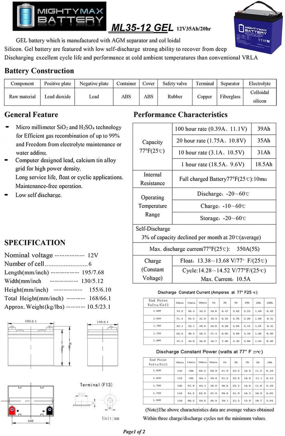 12V 35AH Gel Deep Cycle Battery T450402