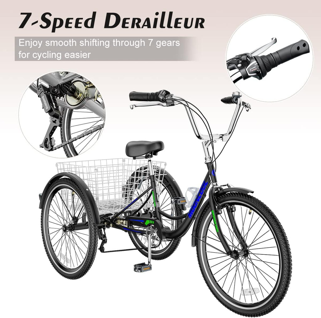 26" Black with Blue 7 Speed 3 Wheel Adult Tricycle with Basket X868517