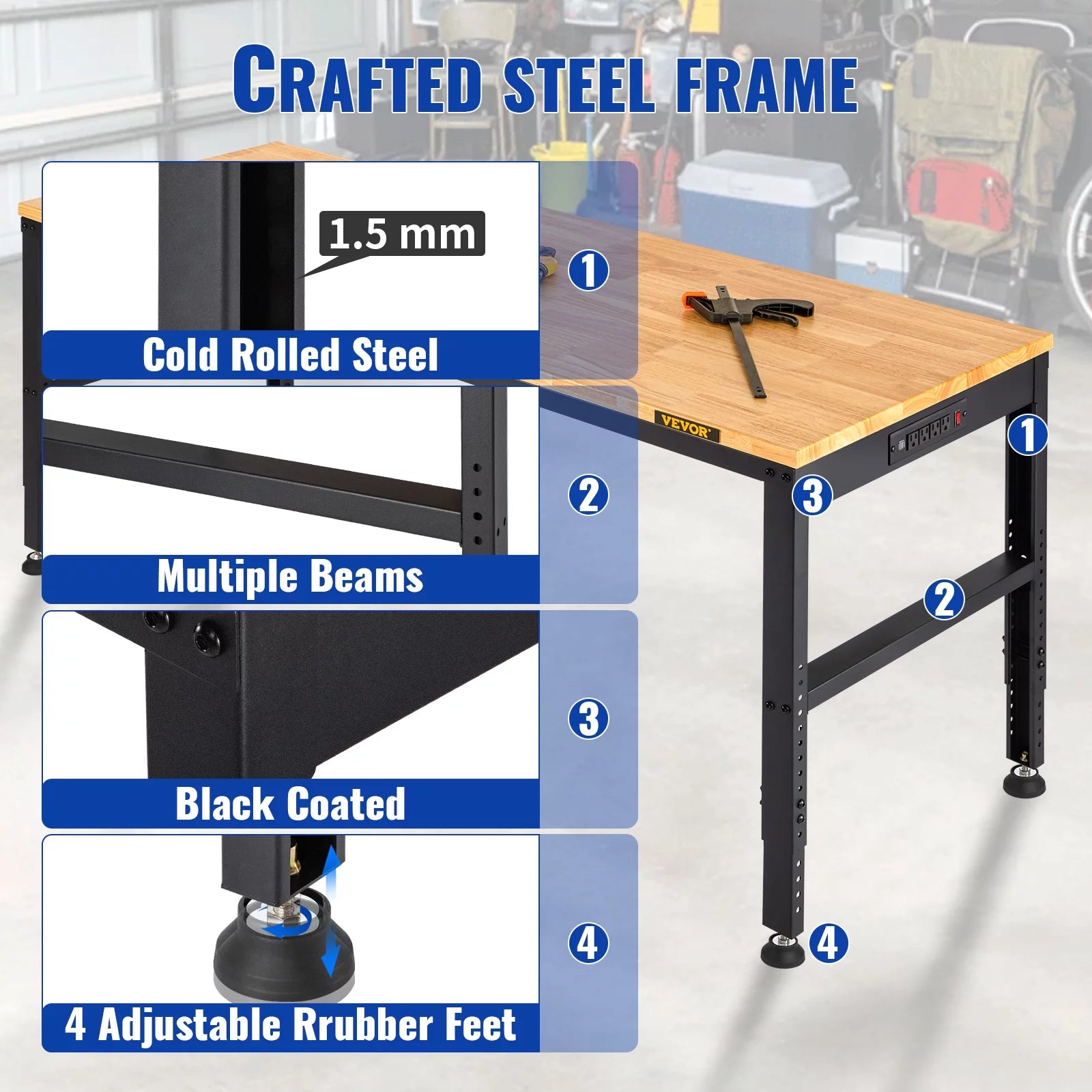 Adjustable Height Workbench with Power Outlets and Hardwood Top J13816