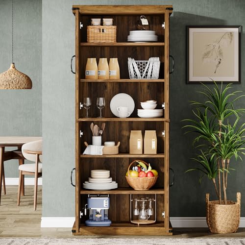 71" Tall Kitchen Pantry, Farmhouse Storage Cabinet with Barn Doors and Adjustable Shelves, Rustic Wooden Cupboard, Brown R807585