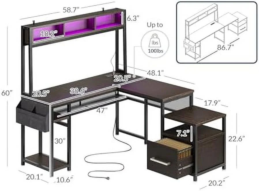 Computer Desk with Monitor Stand and File Cabinet, 104" Long L-Shaped Desk with RGB LED Lights and USB AC Outlet X727408