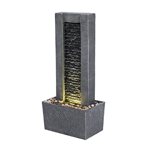 Gray Water Fountain with LED Lights and Pebble Stones, 29.25 inch Tall W272