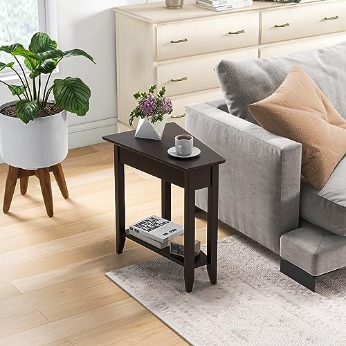 Espresso Wedge End Table with Storage Shelf and Solid Wood Legs N1984
