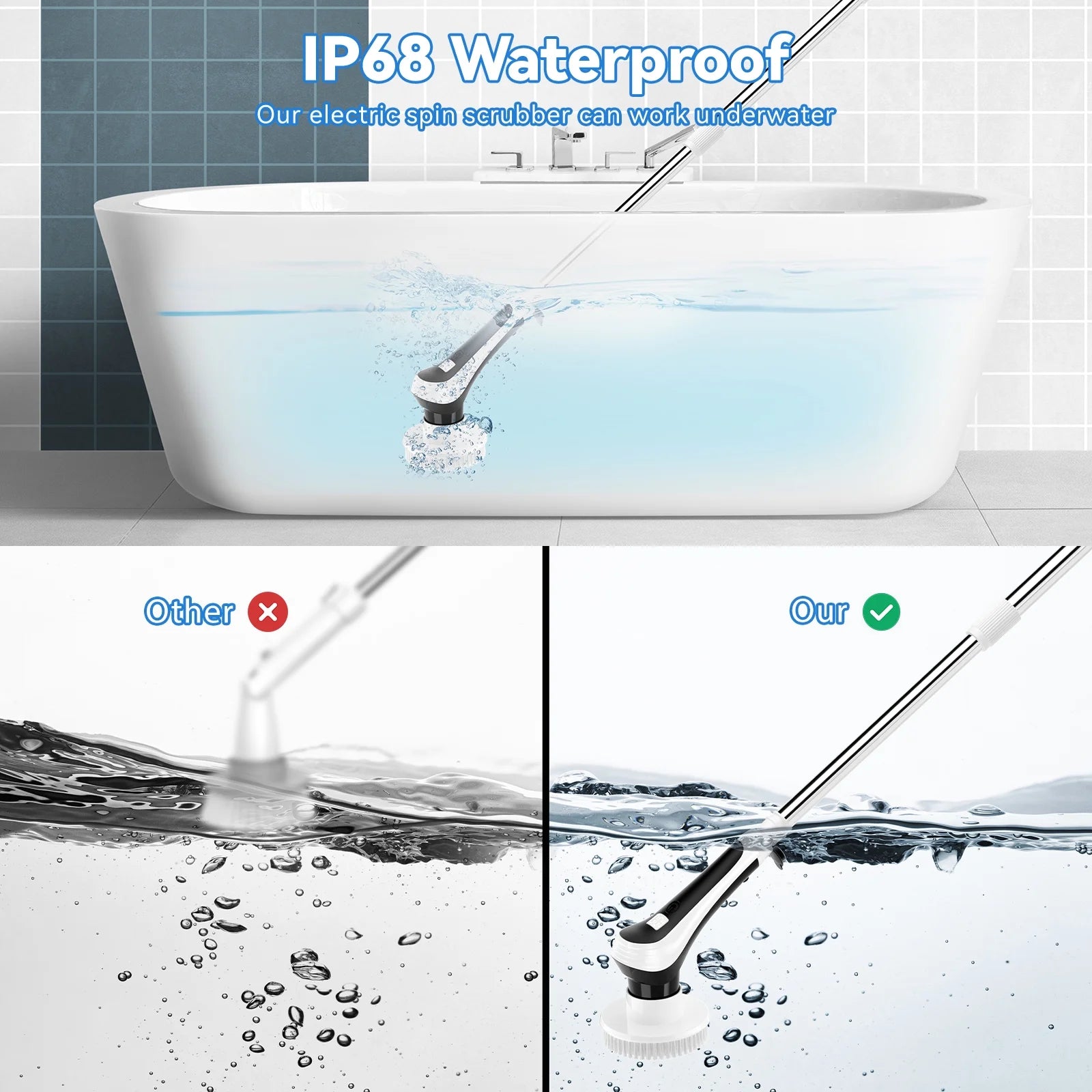Electric Spin Scrubber with Extension Handle and 6 Replaceable Brush Heads U407202
