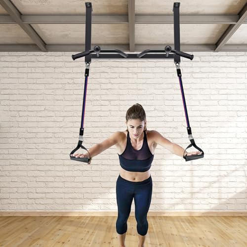 32" Ceiling Mounted Heavy Duty Pull Up Bar with Punching Bag Hanger and Resistance Bands Q7884