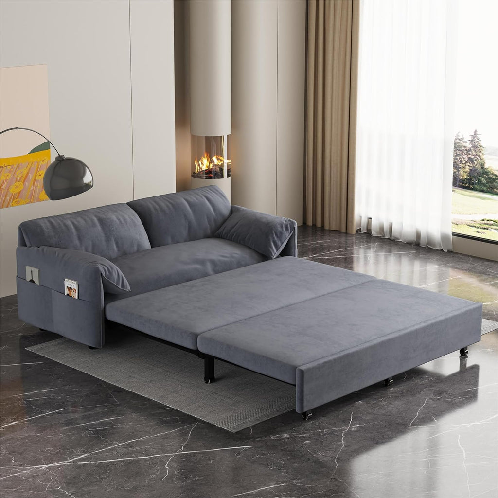 63.8" Queen Pull Out Velvet Sofa Bed with 2 Pillows C2137