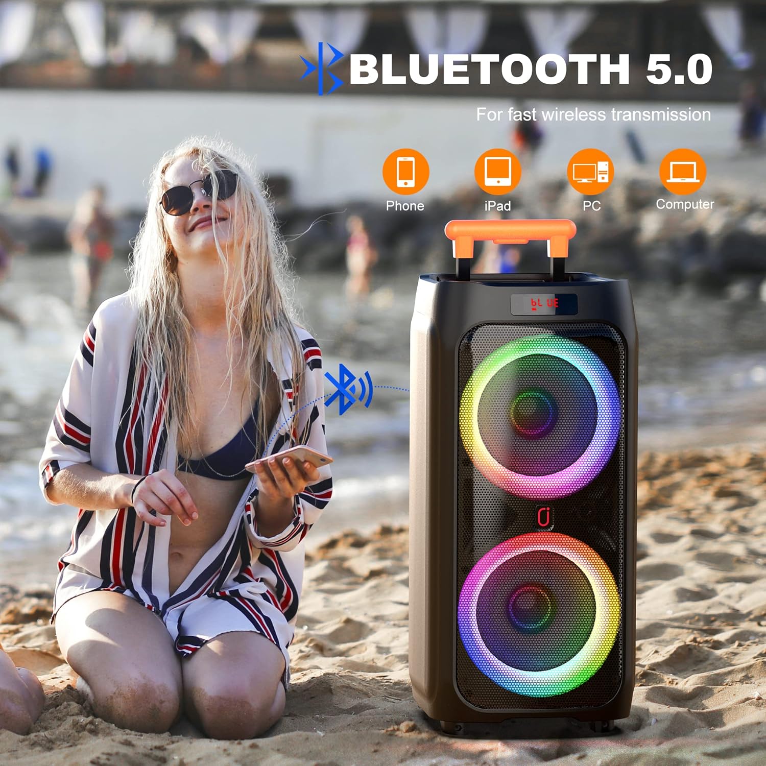 Karaoke Machine with 2 Wireless Microphones, 8" Bluetooth Party Speaker with DJ Light, Rolling Wheels and Trolley J2731