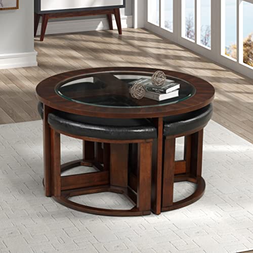 Solid Wood Glass Top Round Coffee Table with 4 Stools F678606