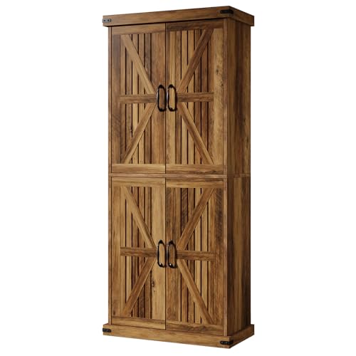 71" Tall Kitchen Pantry, Farmhouse Storage Cabinet with Barn Doors and Adjustable Shelves, Rustic Wooden Cupboard, Brown R807585