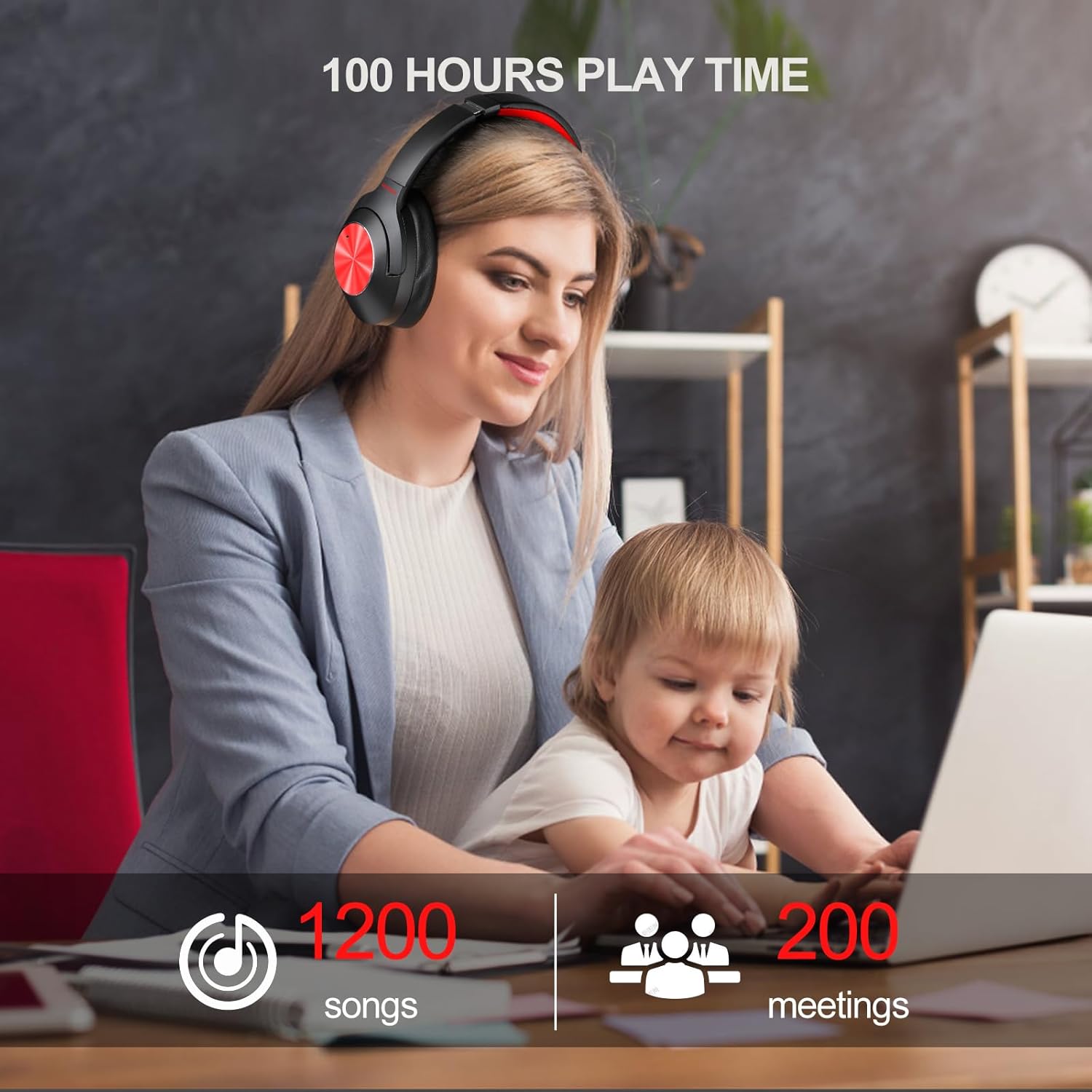 Hybrid Active Noise Cancelling Over Ear Bluetooth Headphones, 100H Playtime H75693