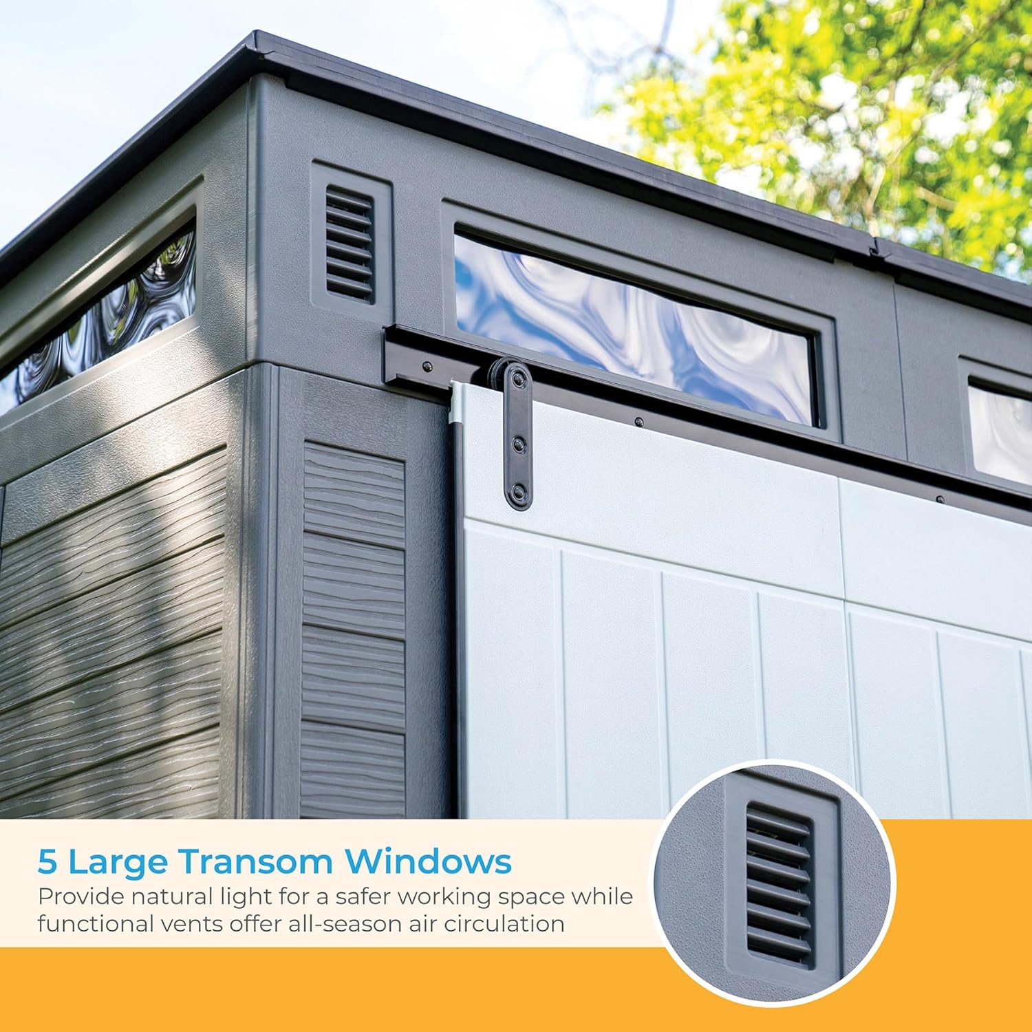 Gray and Black 10 Foot by 7 Foot Outdoor Plastic Storage Shed with Sliding Barn Door C610832