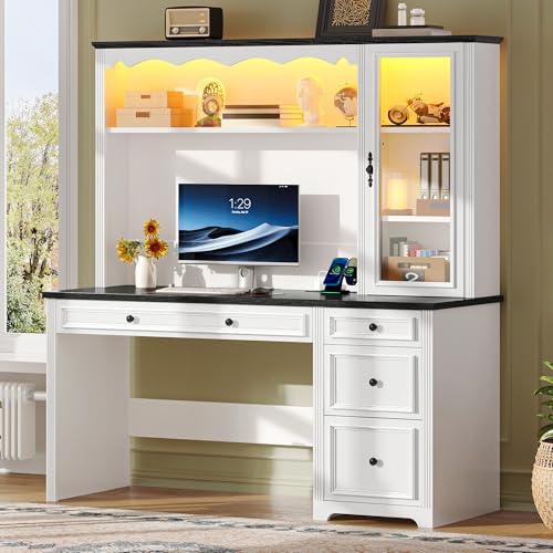 White & Black Executive Desk with Hutch and Drawers, Power Outlet & LED Lights, Storage Shelves, Storage Cabinet with Glass Door H3563