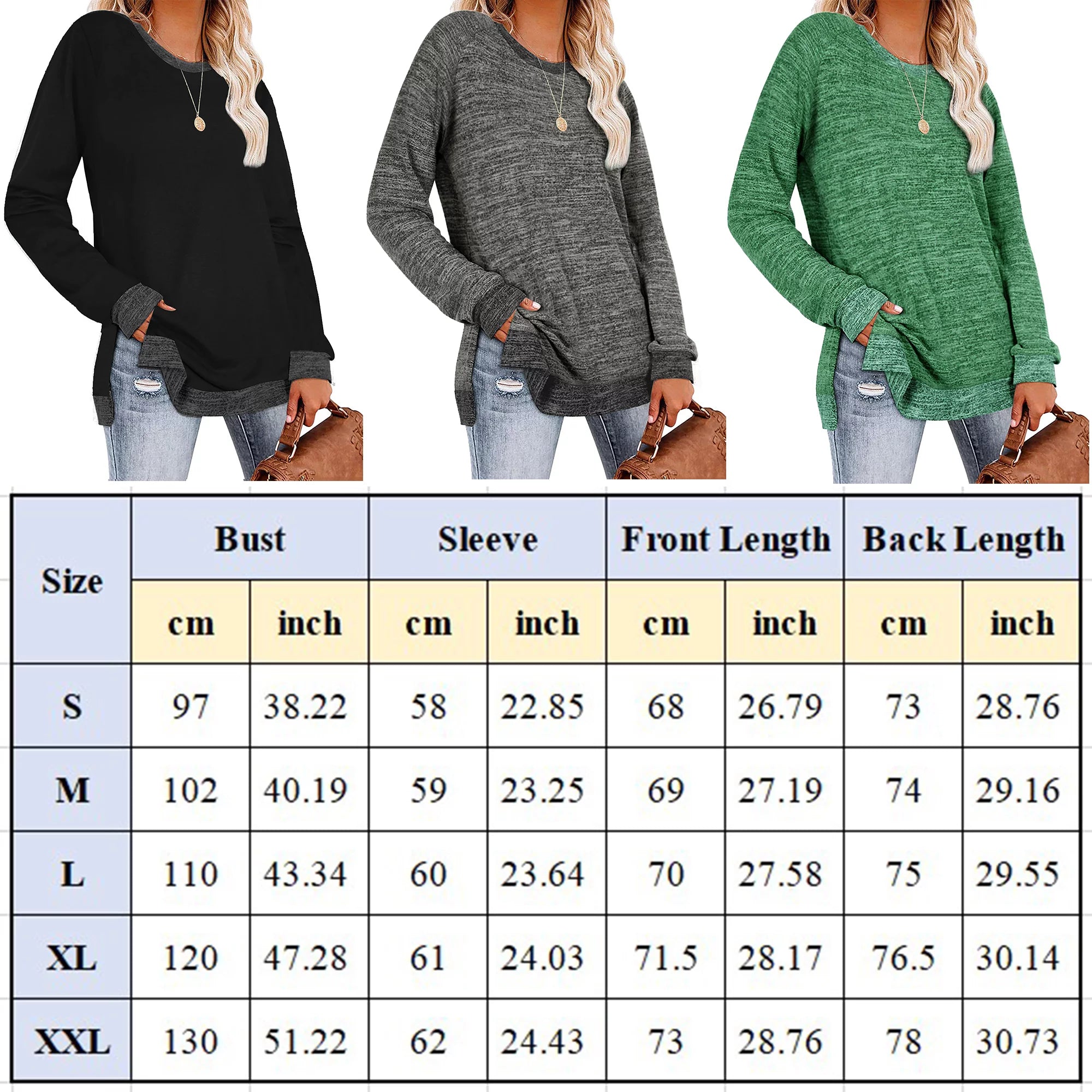 Green Long Sleeve Color Block Tunic Tops X605