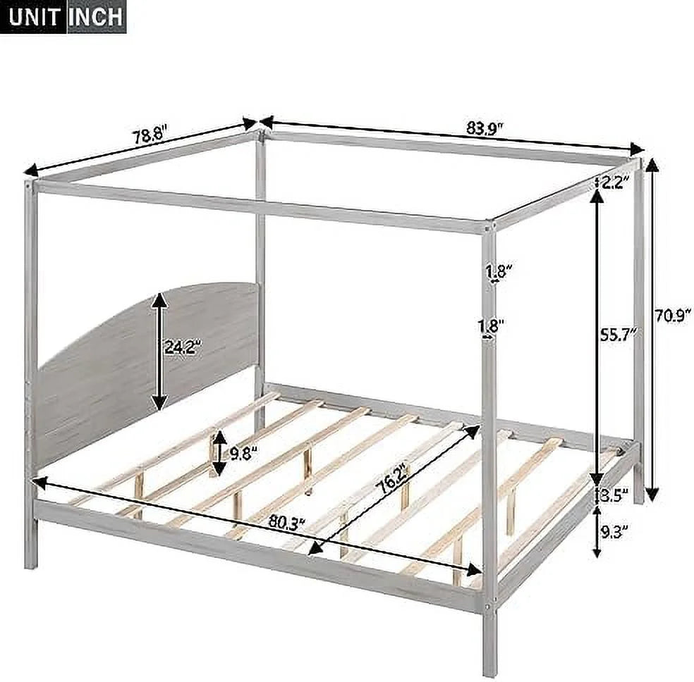 White Queen Size 4-Poster Wood Canopy Bed Frame with Headboard M989223