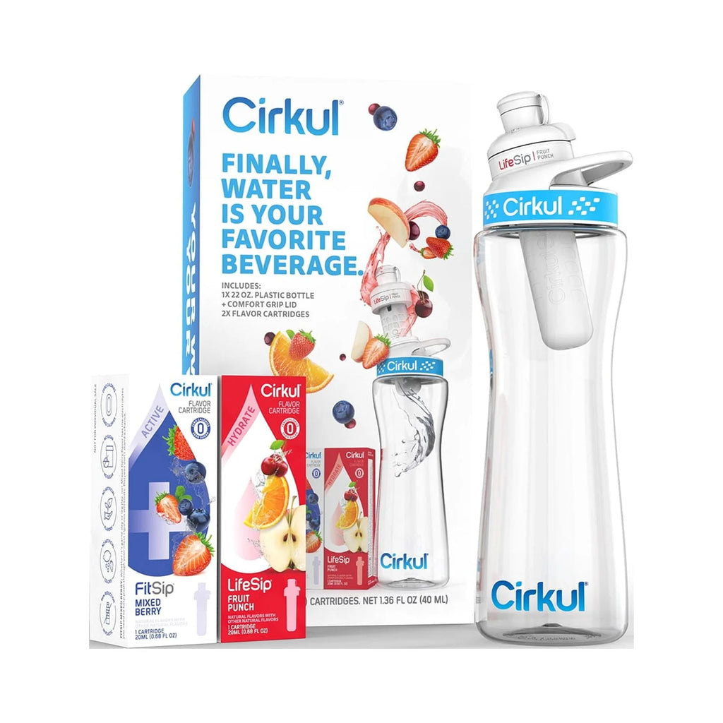 22 oz Plastic Water Bottle with Blue Lid and 2 Flavor Cartridges D156