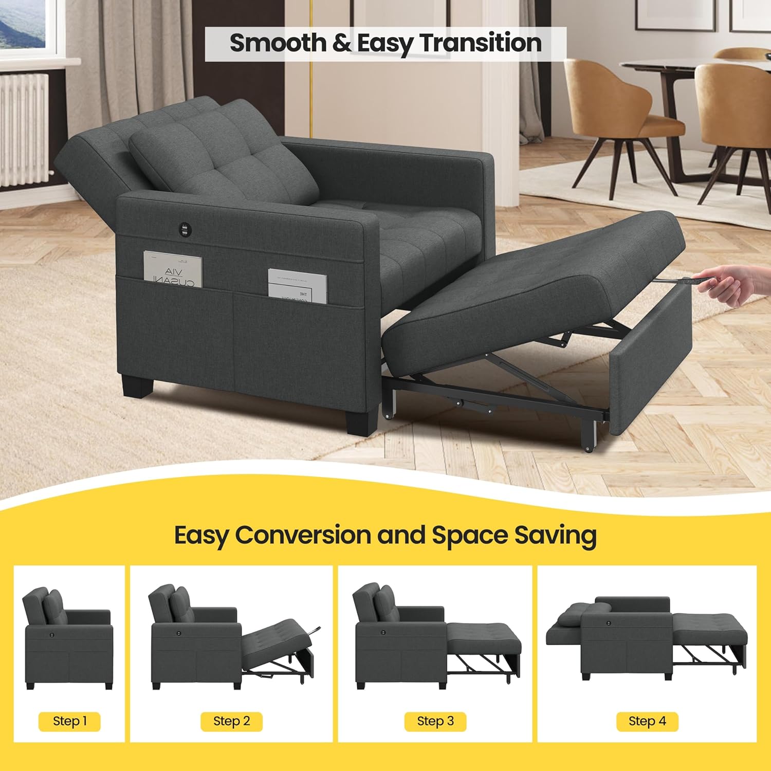 Dark Gray Fabric Convertible Futon Sofa Chair S8750