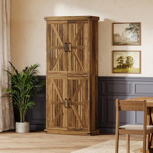 71" Tall Kitchen Pantry, Farmhouse Storage Cabinet with Barn Doors and Adjustable Shelves, Rustic Wooden Cupboard, Brown R807585