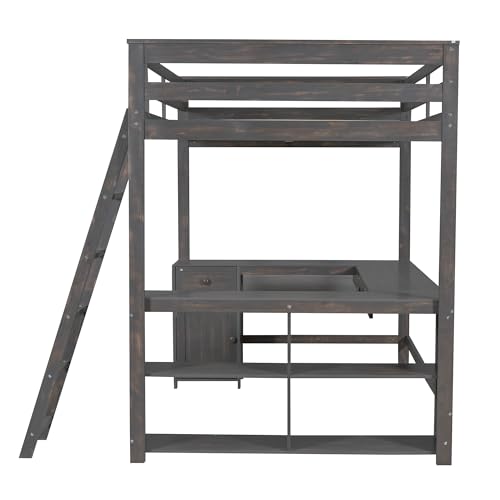 Full Size Solid Wood Loft Bed with Desk and Storage Drawers (White) N219