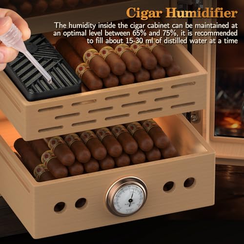 Lighted Magnetic Door Desktop Cigar Humidor Cabinet with Drawer, 3 Layer, Brown B78421