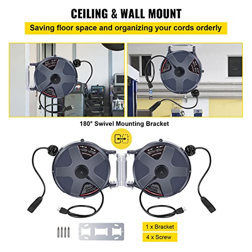 50 FT 14AWG/3C SJTOW Power Cord Reel with Lighted Triple Tap Outlet B650804