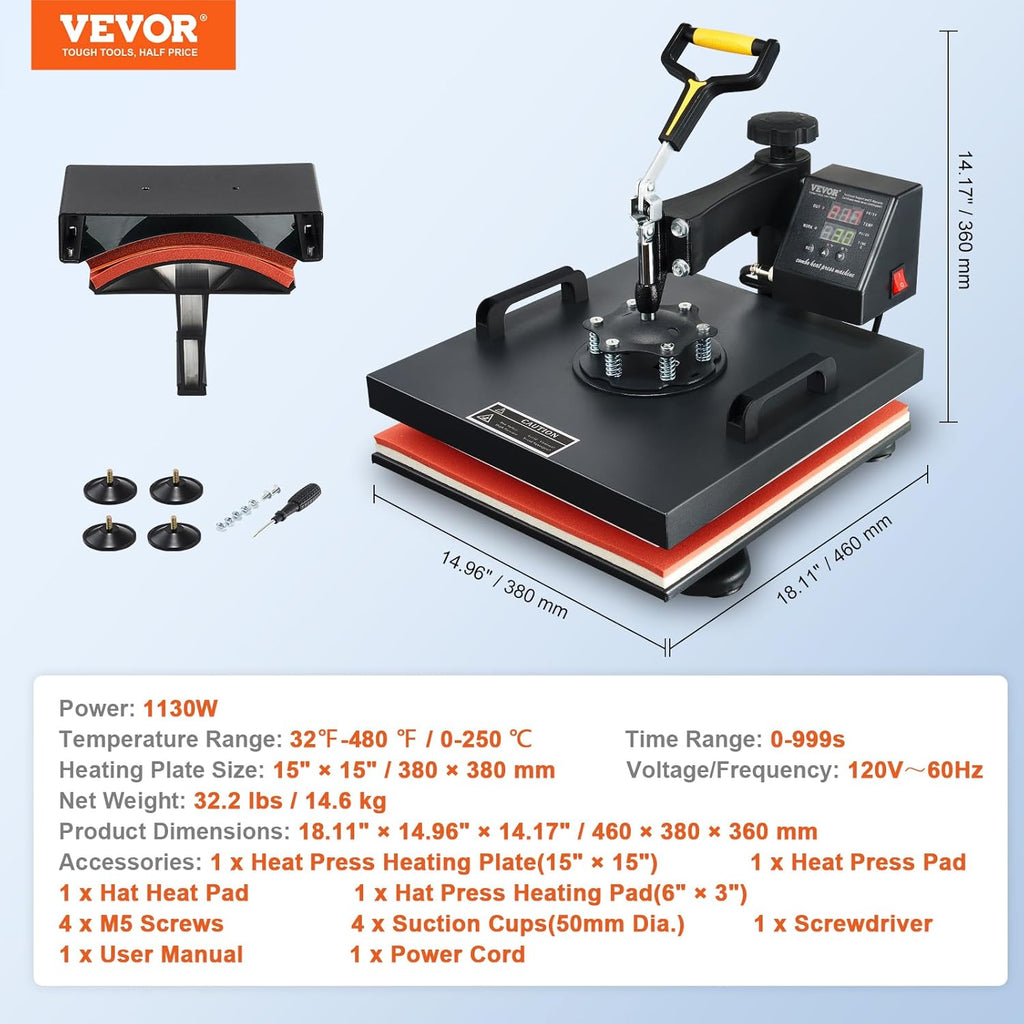 15x15 Heat Press Machine with Hat Press, 360° Swing Away Digital Tshirt Press Machine V362287