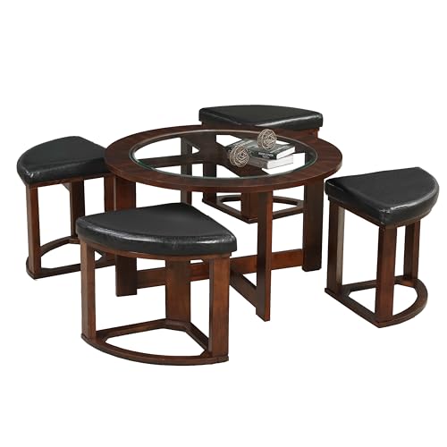 Solid Wood Glass Top Round Coffee Table with 4 Stools F678606