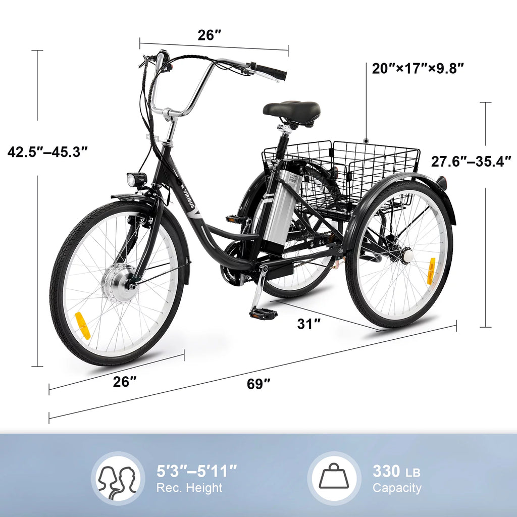 250W 26" 3 Wheel Electric Tricycle Black C826981