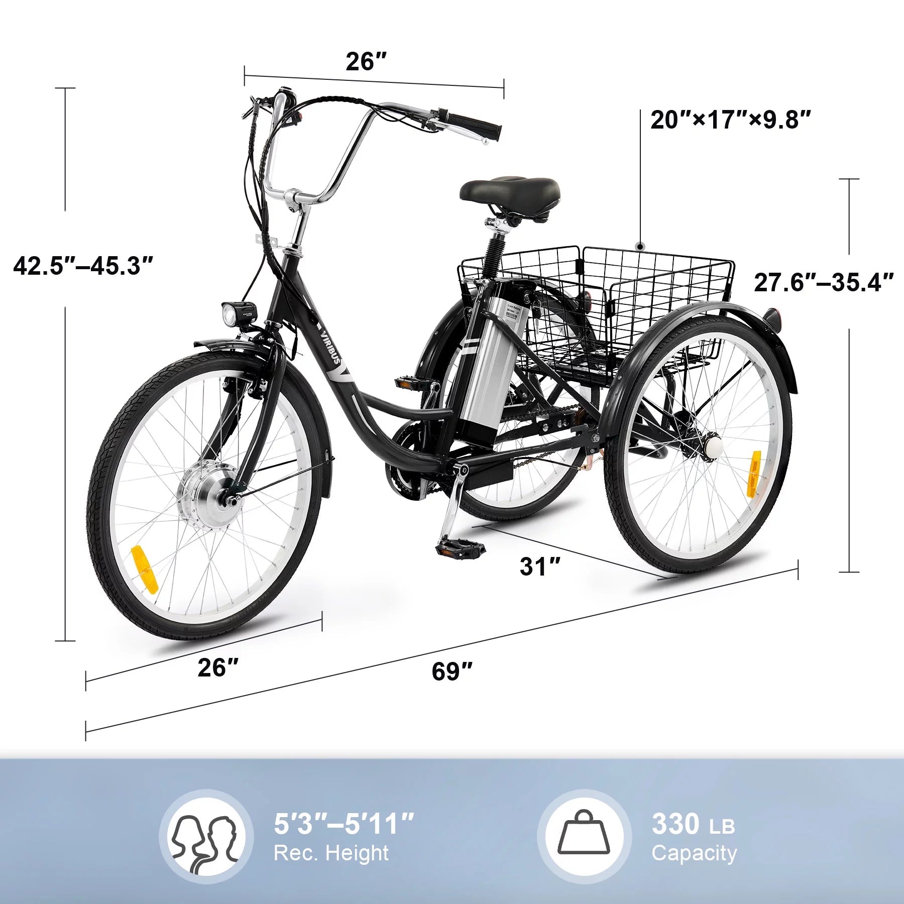 250W 26" 3 Wheel Electric Tricycle Black C826981