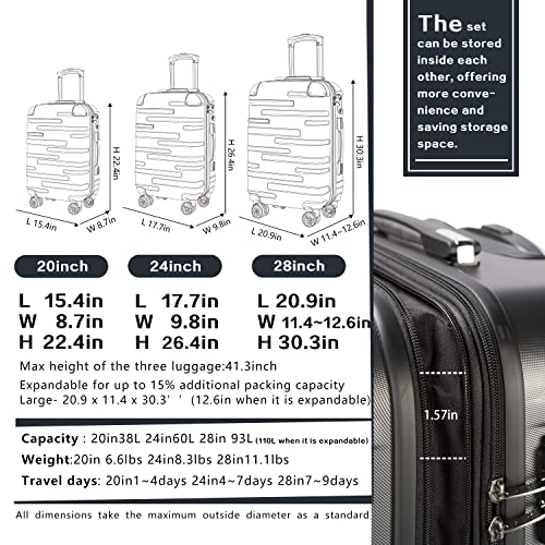 3 Piece Expandable Suitcase Set with TSA Lock Spinner 20in 24in 28in Purple Z86431