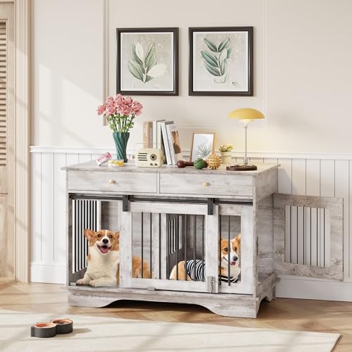 47" Grey Dog Crate Furniture with 2 Storage Draws B4927