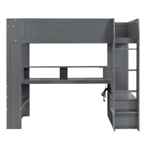 Dark Gray Wood Twin Size Gaming Loft Bed with Desk and Shelves A273908