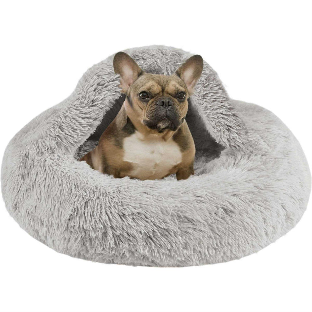 Soft Faux Fur Cat Bed Cave Hooded Blanket Dog Couch E43514